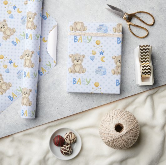 ブルーテディベア水彩赤ちゃんシャワー ラッピングペーパー (クラフト)