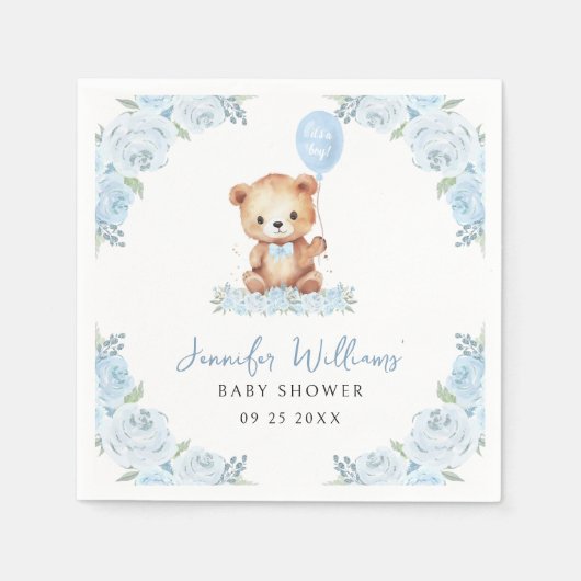 ブルーテディベア男の赤ちゃんシャワー紙ナプキン スタンダードカクテルナプキン (正面)