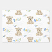 ブルーテディベア男の赤ちゃん水彩赤ちゃんシャワー ラッピングペーパーシート (正面3)