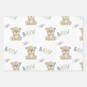 ブルーテディベア男の赤ちゃん水彩赤ちゃんシャワー ラッピングペーパーシート (正面2)