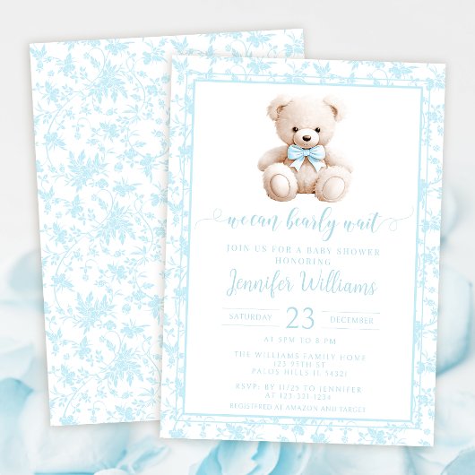 ブルーテディベア花柄男の赤ちゃんシャワー 招待状