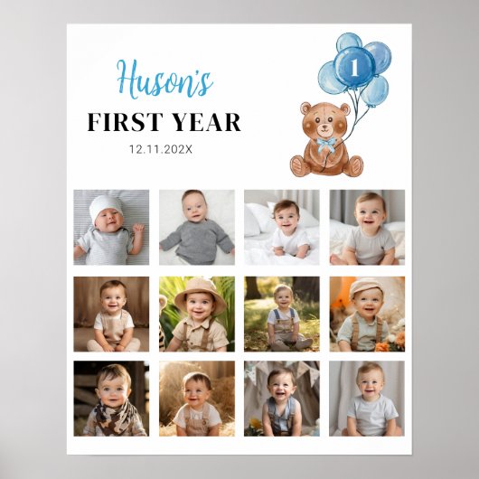ブルーテディベア誕生日フォトマイルストーンサイン ポスター (正面)
