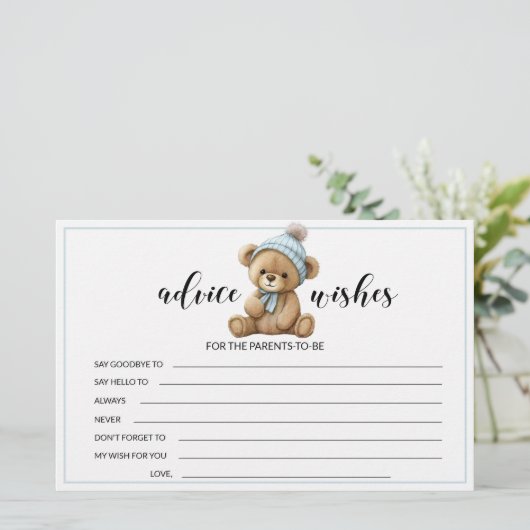 ブルーテディベア赤ちゃんシャワーアドバイスウィッシュカード 便箋 (スタンド正面)