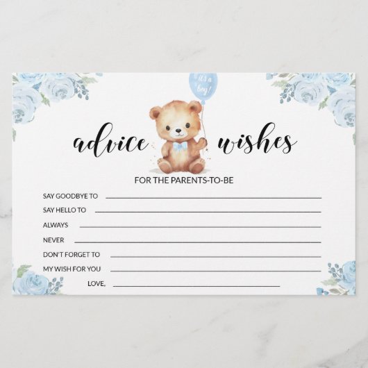 ブルーテディベア赤ちゃんシャワーアドバイスウィッシュカード 便箋 (正面)