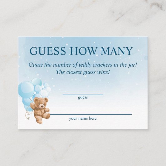 ブルーテディベア赤ちゃんシャワーカードの数を推測 エンクロージャーカード (正面)