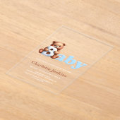 ブルーテディベア赤ちゃんシャワー アクリル招待状 (レイダウン)