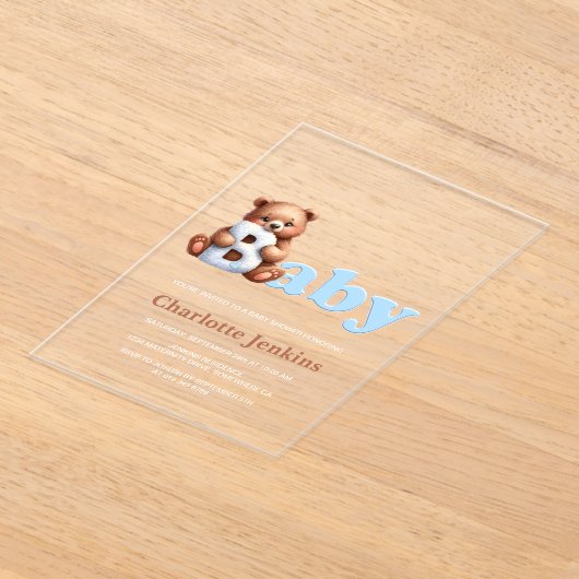 ブルーテディベア赤ちゃんシャワー アクリル招待状 (レイダウン)