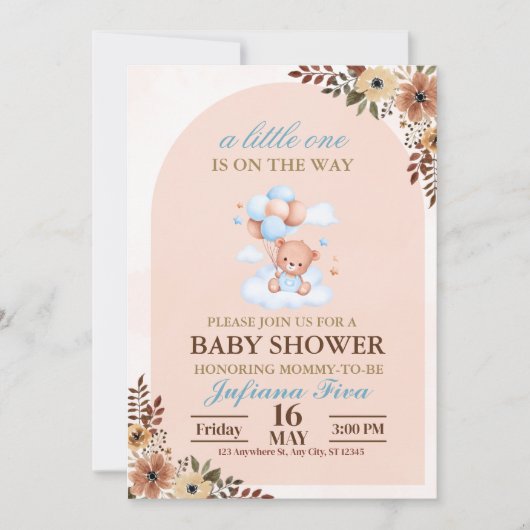 ブルーテディベア赤ちゃんシャワー 招待状 (正面)