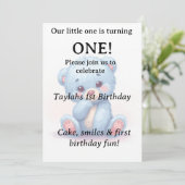 ブルーテディベア1歳の誕生日招待状 招待状 (スタンド正面)
