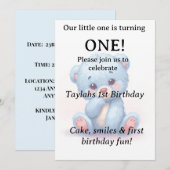 ブルーテディベア1歳の誕生日招待状 招待状 (正面/裏面)