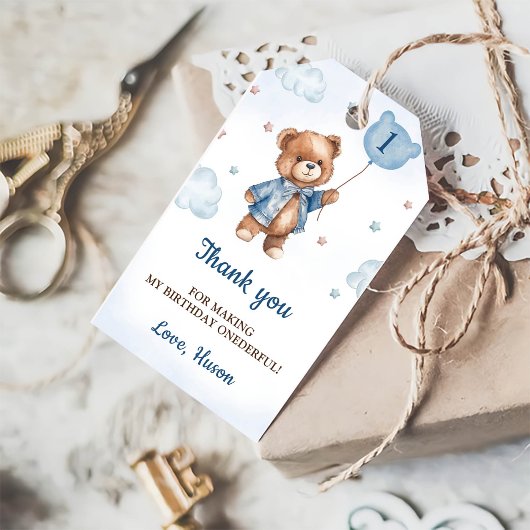ブルーテディベア1stバースデーサンチギューサンキューラベル ギフトタグ