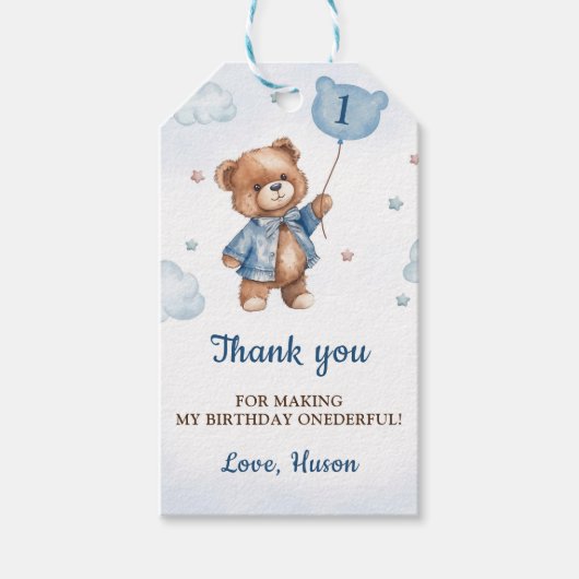 ブルーテディベア1stバースデーサンチギューサンキューラベル ギフトタグ (正面)