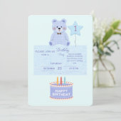 ブルーテディベア 1歳の誕生日招待状 - カスタマイズ可能 招待状 (スタンド正面)