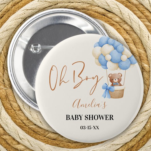 ブルーテディベアOhボーイバルーンベビーシャワーパーティー 缶バッジ
