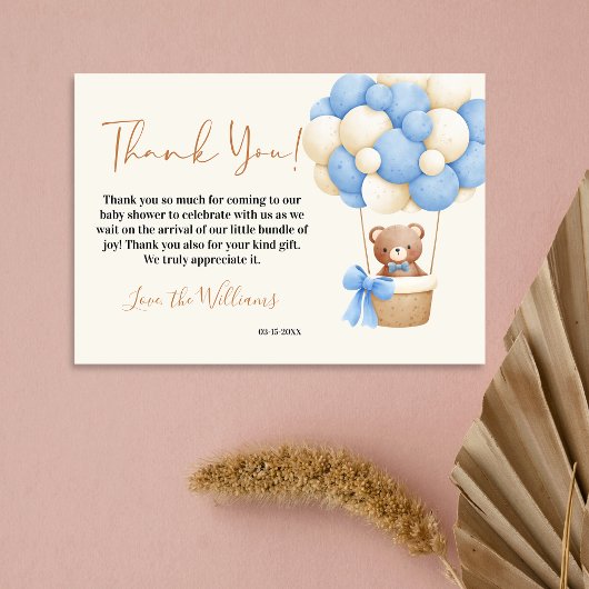 ブルーテディベアOhボーイバルーンベビーシャワー サンキューカード
