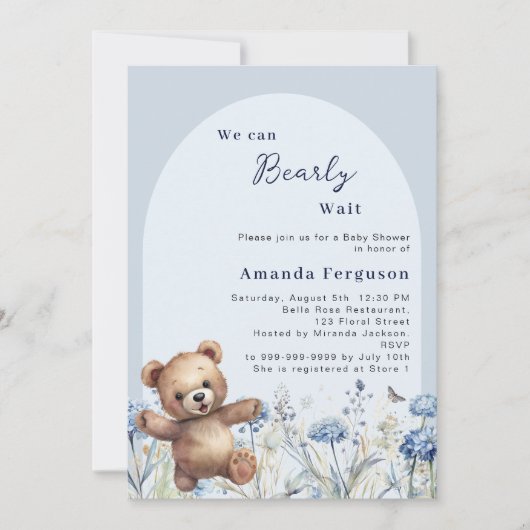 ブルーテディ少年ベイビーシャワーを待つことができる 招待状 (正面)