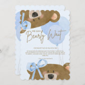 ブルーテディ我々は真珠のように双子の赤ちゃんシャワーを待つことができる サンキューカード (正面/裏面)