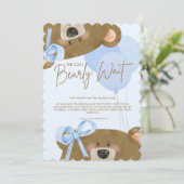 ブルーテディ我々は真珠のように双子の赤ちゃんシャワーを待つことができる サンキューカード (スタンド正面)