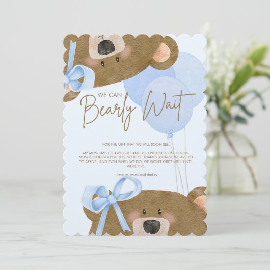 ブルーテディ我々は真珠のように双子の赤ちゃんシャワーを待つことができる サンキューカード (スタンド正面)