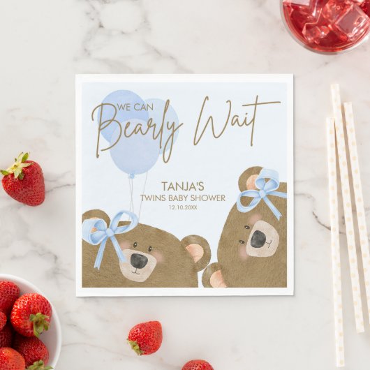 ブルーテディ我々は真珠のように双子の赤ちゃんシャワーを待つことができる スタンダードランチョンナプキン (インサイチュ)