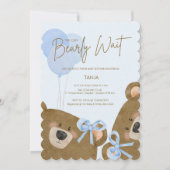 ブルーテディ我々は真珠のように双子の赤ちゃんシャワーを待つことができる 招待状 (正面)