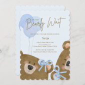 ブルーテディ我々は真珠のように双子の赤ちゃんシャワーを待つことができる 招待状 (正面/裏面)