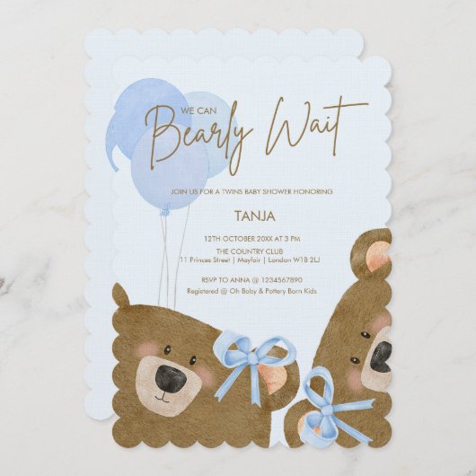 ブルーテディ我々は真珠のように双子の赤ちゃんシャワーを待つことができる 招待状 (正面/裏面)