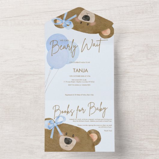 ブルーテディ我々は真珠のように待つことができる男の子のシャワー オールインワン招待状 (内側)