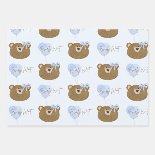 ブルーテディ我々は真珠のように待つことができる男の子のシャワー ラッピングペーパーシート (正面2)