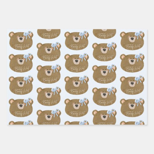 ブルーテディ我々は真珠のように待つことができる男の子のシャワー ラッピングペーパーシート (正面)