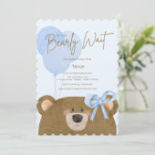 ブルーテディ我々は真珠のように待つことができる男の子のシャワー 招待状 (スタンド正面)