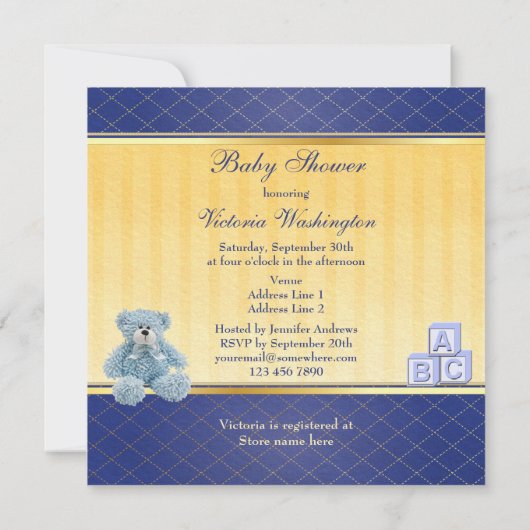 ブルーテディ&建物が男の子のベビーシャワーを遮る 招待状 (裏面)