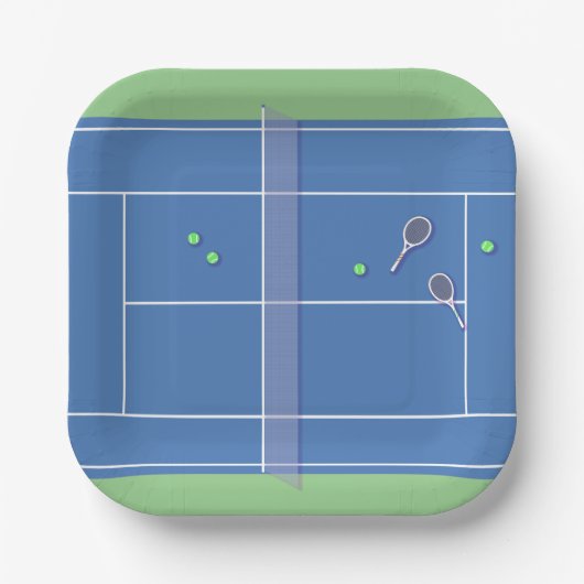 ブルーテニスコートモダンテニス選手 ペーパープレート (正面)