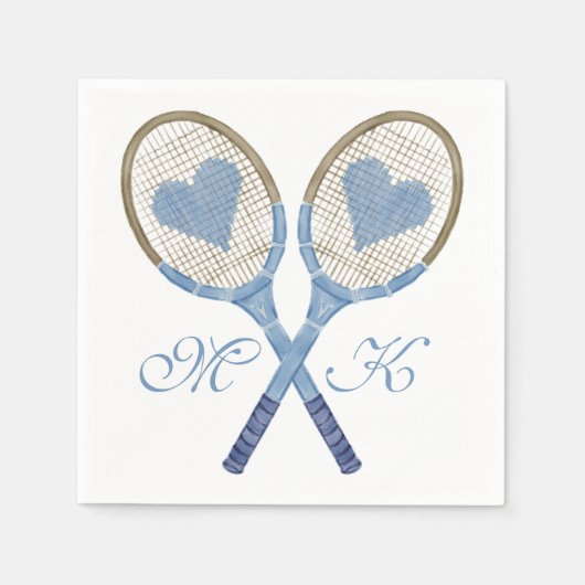 ブルーテニスラケットとハート紙ナプキンス スタンダードカクテルナプキン (正面)