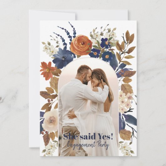 ブルーテラコッタフローラアーチフォト婚約パーティ 招待状 (正面)