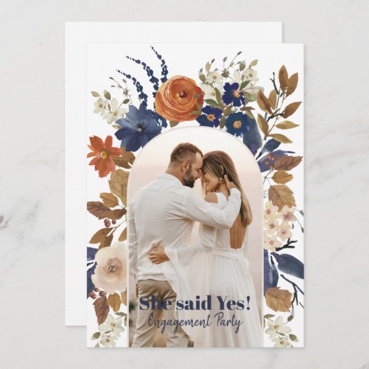 ブルーテラコッタフローラアーチフォト婚約パーティ 招待状 (正面/裏面)