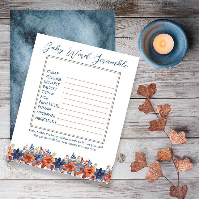 ブルーテラコッタフローラベビーシャワーワードスクランブル (Boho Blue and Terracotta Fall |  Autumn Floral  Baby Shower "Baby Word Scramble" Game)