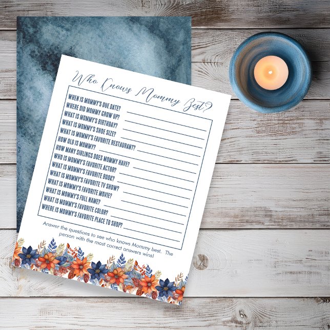 ブルーテラコッタフローラママを知っている赤ちゃんシャワー (Boho Blue and Terracotta Fall |  Autumn Floral Boy Baby Shower "Who Knows Mommy Best" Game)
