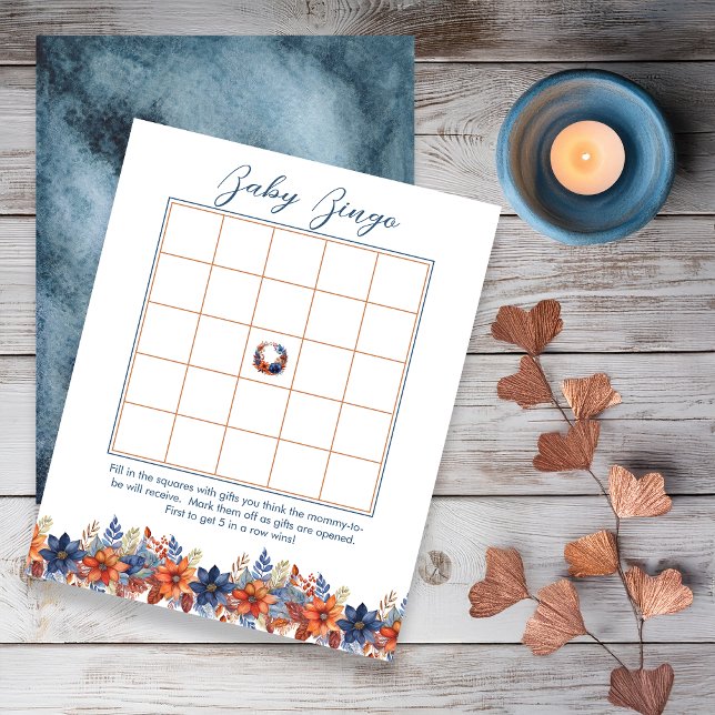 ブルーテラコッタ秋フローラベビーシャワービンゴ (Boho Blue and Terracotta Fall |  Autumn Floral Boy Baby Shower "Baby Bingo" Game)