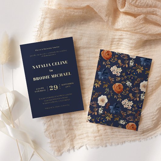 ブルーテラコッタ結婚フローラ金ゴールド 箔招待状