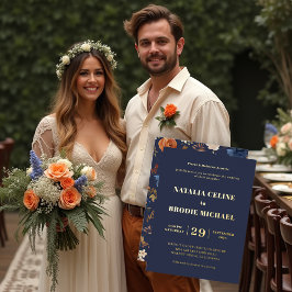 ブルーテラコッタ結婚フローラ金ゴールド 箔招待状