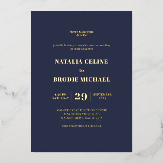 ブルーテラコッタ結婚フローラ金ゴールド 箔招待状 (正面)