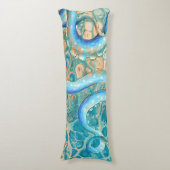 ブルーテンタクルタコクラーケン抽象芸術ティール（緑がかった色）インク ボディピロー (正面縦)