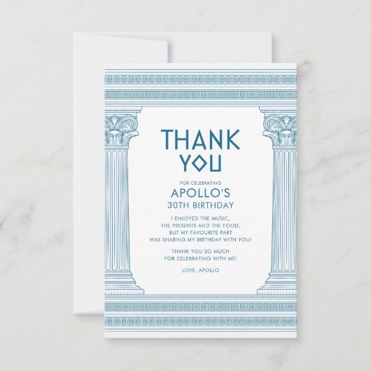 ブルーテンプルのあるギリシャの誕生日パーティー サンキューカード (正面)