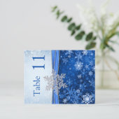 ブルーテーブル番号葉書に銀色のスノーフレーク ポストカード (スタンド正面)
