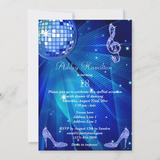 ブルーディスコボール&ヒール18誕生日 招待状 (裏面)