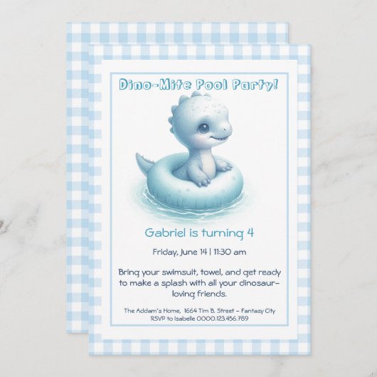 ブルーディノミート誕生日プールパーティの招待状 招待状 (正面/裏面)