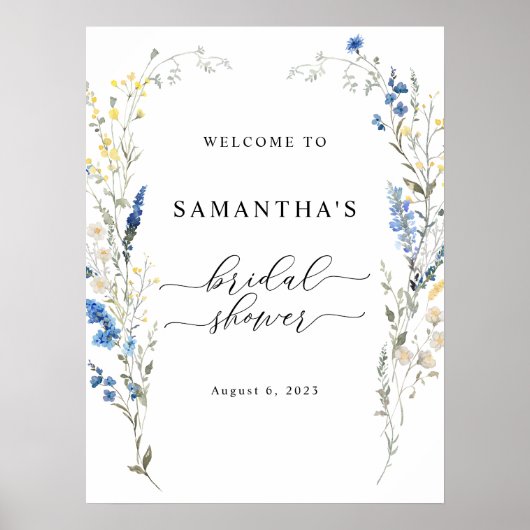 ブルーディンティワイルドフラワーブライダルシャワーウェルカムサイン ポスター (正面)