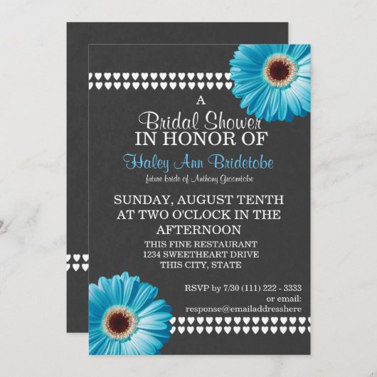 ブルーデイジーと石板グレイブライダルシャワー 招待状 (正面/裏面)