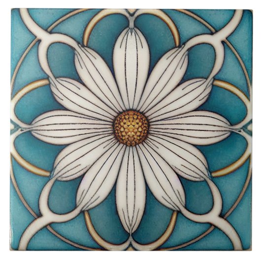 ブルーデイジーアールデコフローラウォールデコールアールヌーボー タイル (正面)